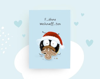 Lustige Weihnachtskarte Hummel – „F…öhne Weihnaff…ten“ – witzige humorvolle Winter-Postkarte mit Lebkuchen, DIN A6