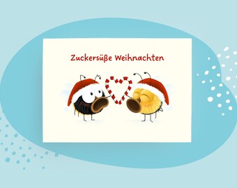 Weihnachtskarte „Zuckersüße Weihnachten“ – Hummeln, Herz aus Zuckerstangen, süße Postkarte Weihnachten Hummel