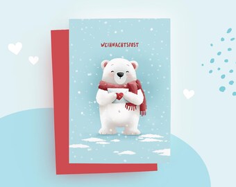 Weihnachtskarte Eisbär, Klappkarte Weihnachten mit Umschlag, Weihnachtspost Karte, Weihnachtsgrüße, niedliche Grußkarte DIN A6