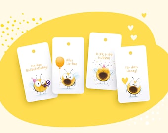 Gift tag set with bumblebee, 4 designs featuring Pummel the bumblebee, for birthdays, thank yous, small gifts, presents for bumblebee lovers