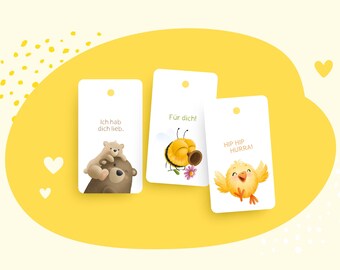 Gift tag set with animal motifs, set of 3 with bumblebee, chick, bear, decoration for gift, hand-drawn, lovingly
