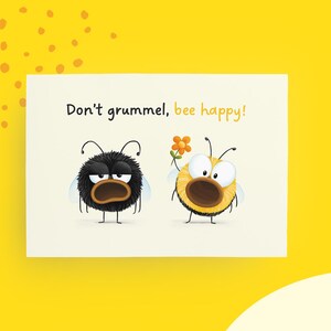 Postkarte Hummel „Don’t grummel, bee happy!“, witzige A6 Karte mit Pummel und Grummel, Honighumor für Alltag und kleine Auszeiten