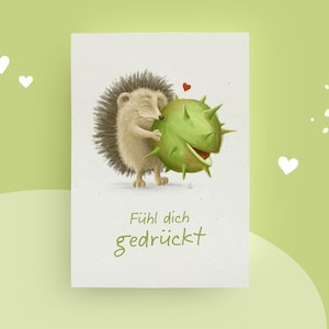 Postkarte Igel mit Kastanie, herbstliche Umarmungskarte „Fühl dich gedrückt“, niedliche Tierkarte zum Verschenken & Trösten