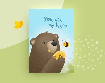 Postcard “You are my hero”, loving greeting card with bear & bumblebee, hero, friendship, thank you, little encouragement