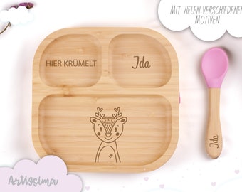 Bambusteller mit Saugnapf, Babyteller aus Bambus, Kinderteller aus Holz Geschenk zur Geburt, Taufe Weihnachten, Kinderbesteck