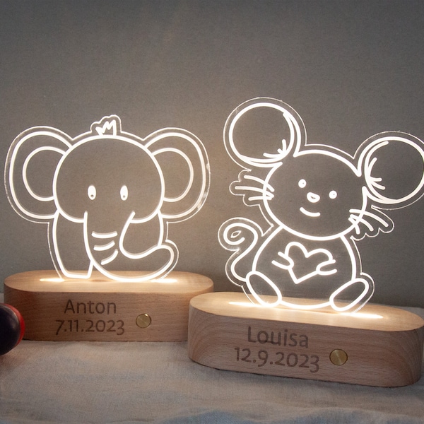 Lampe personnalisée bébé | Veilleuse | Veilleuse | Bébé léger | Lumière ambiante | Lampe pour chambre d'enfant | Souris | éléphant| Koalas | tracteur