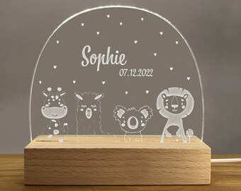 Personalisierte Löwe, Giraffe, Koala, Lama Nachtlampe, Babygeschenk Geburt, Taufgeschenk, Kinderzimmer, Geburtstagsgeschenk, Nachttischlampe