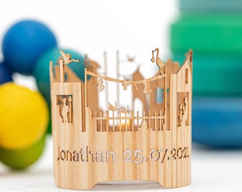 Personalisierte Karte zur Geburt "Storch", Holz Baby Grußkarte, Geschenkkarte, Herzlich Willkommen Karte, Geburtsanzeige, Tischdekot