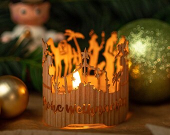 Carte de Noël personnalisée « Crèche » en bois, carte de Noël 3D avec inscription personnalisée, carte postale en bois Joyeux Noël Tisc