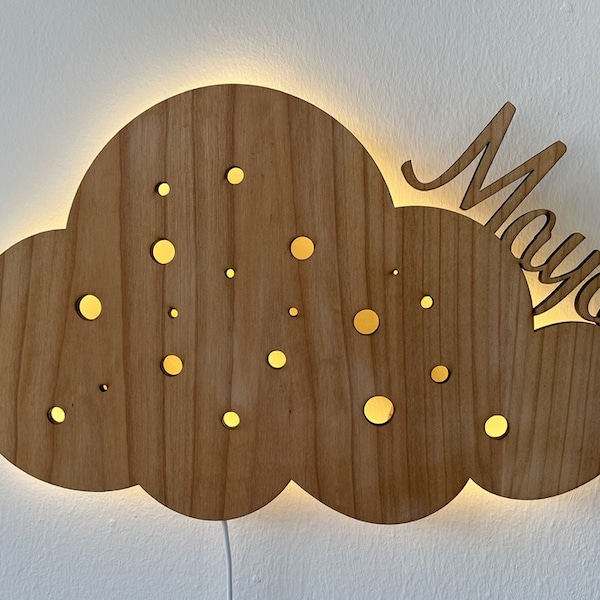 Wolkenlampe als besonderes Geschenk für Babys zur Geburt, Personalisiertes Geschenk aus echtem Holz mit Kabel oder Batterie