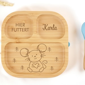 Bambusteller mit Saugnapf, Babyteller aus Bambus, Kinderteller aus Holz Geschenk zur Geburt, Taufe, Geburtstag, Kinderbesteck Bild 7