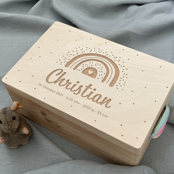 Erinnerungskiste Baby | Personalisierte Erinnerungsbox aus Holz | Regenbogen | Geschenk Geburt, Taufe, Schwangerschaft, Babyparty, Kommunion