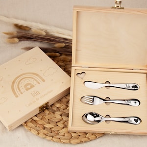 Children's cutlery with engraving / rainbow / with wooden box / personalized with name / gift idea / birth / personalized / baptism gift