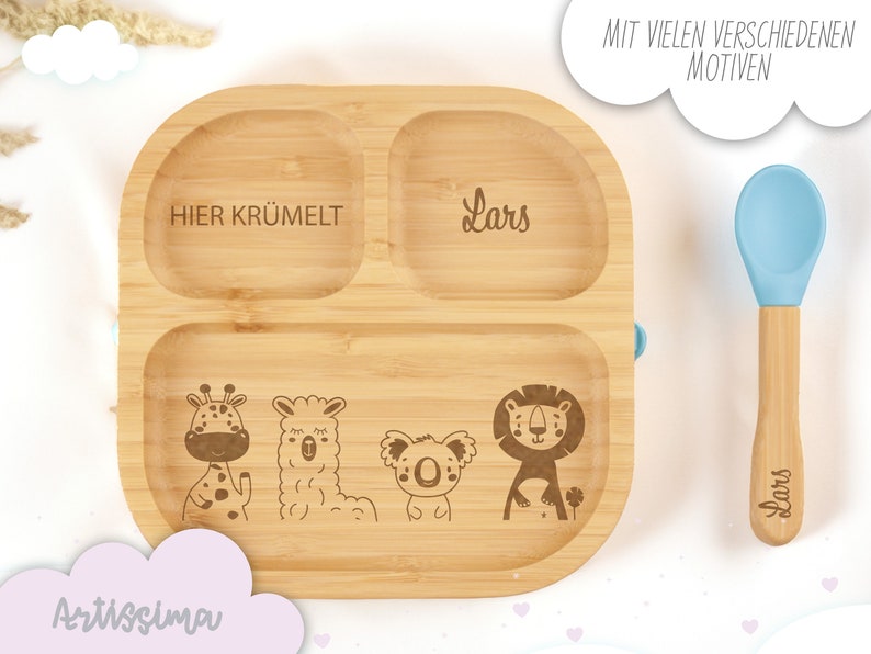 Babyteller personalisiert, Babygeschenk Geburt, Kindergeschirr personalisiert, Kinderteller, Babyteller Holz, Babyteller Saugnapf Bild 6