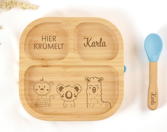 Bamboe bord met zuignap, babybordje van bamboe, kinderbordje van hout, cadeau voor geboorte, doop, verjaardag, kinderbestek