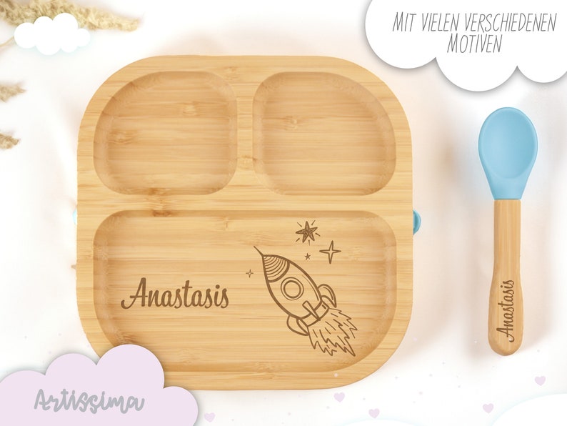 Babyteller personalisiert, Babygeschenk Geburt, Kindergeschirr personalisiert, Kinderteller, Babyteller Holz, Babyteller Saugnapf Bild 7