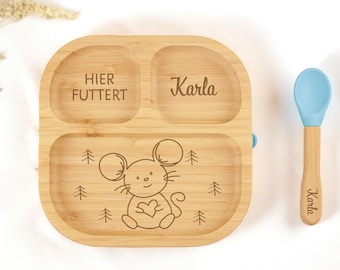 Bambusteller mit Saugnapf, Babyteller aus Bambus, Kinderteller aus Holz Geschenk zur Geburt, Taufgeschenk, Kinderbesteck personalisiert