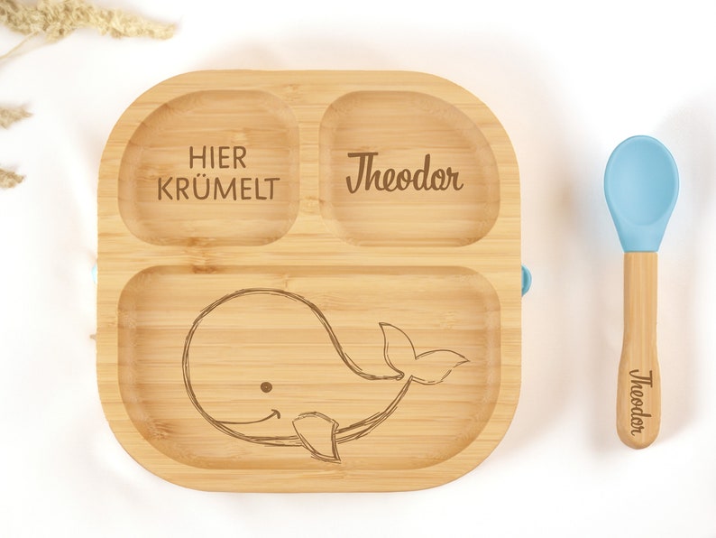 Bambusteller mit Saugnapf, Babyteller aus Bambus, Kinderteller aus Holz Geschenk zur Geburt, Taufe, Geburtstag, Kinderbesteck Bild 9