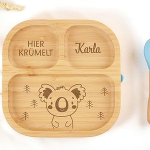 Bambusteller mit Saugnapf, Babyteller aus Bambus, Kinderteller aus Holz Geschenk zur Geburt, Taufe, Geburtstag, Kinderbesteck Bild 4