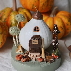 Autumn pumpkin cottage, Fall decor, Acorn decor, Toadstool fairy house, Wooden house, Miniature pumpkin, Halloween, Pumpkin spice, Driftwood