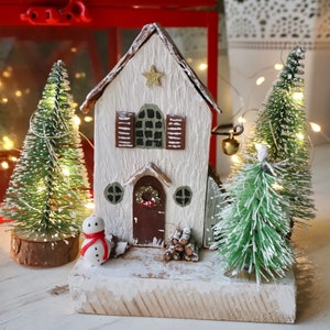 Christmas cottage, Little wooden house, Wooden cottage, Driftwood, Christmas village ornament, Mini house, Snowman cottage, Miniature house