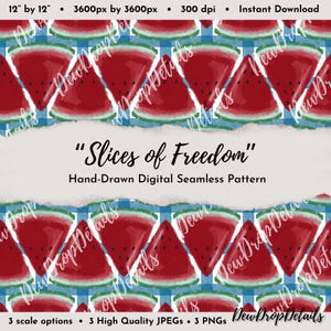 May include: A digital seamless pattern featuring watercolor watermelon slices on a blue and white checkered background. The design includes the text "Slices of Freedom" and is 12" by 12" in size.