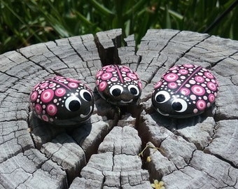 Set of 3 Ladybug Rocks-Painted Rocks-Pet Rocks-Fairy Garden-Small Gift-Cute Bug Rocks-Desktop Rocks-Painted Pebbles-Flower Pot Decor