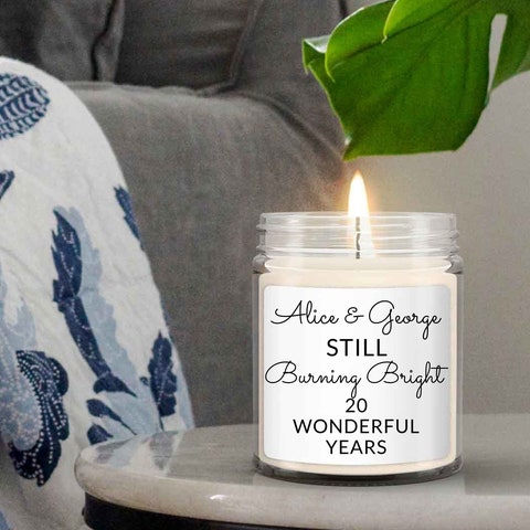Personalized 20th anniversary candle with couple names and years married