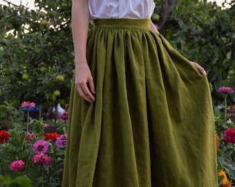 Women's linen skirt, gathered linen skirt, long skirt, cottagecore skirt, renaissance skirt, custom made linen skirt