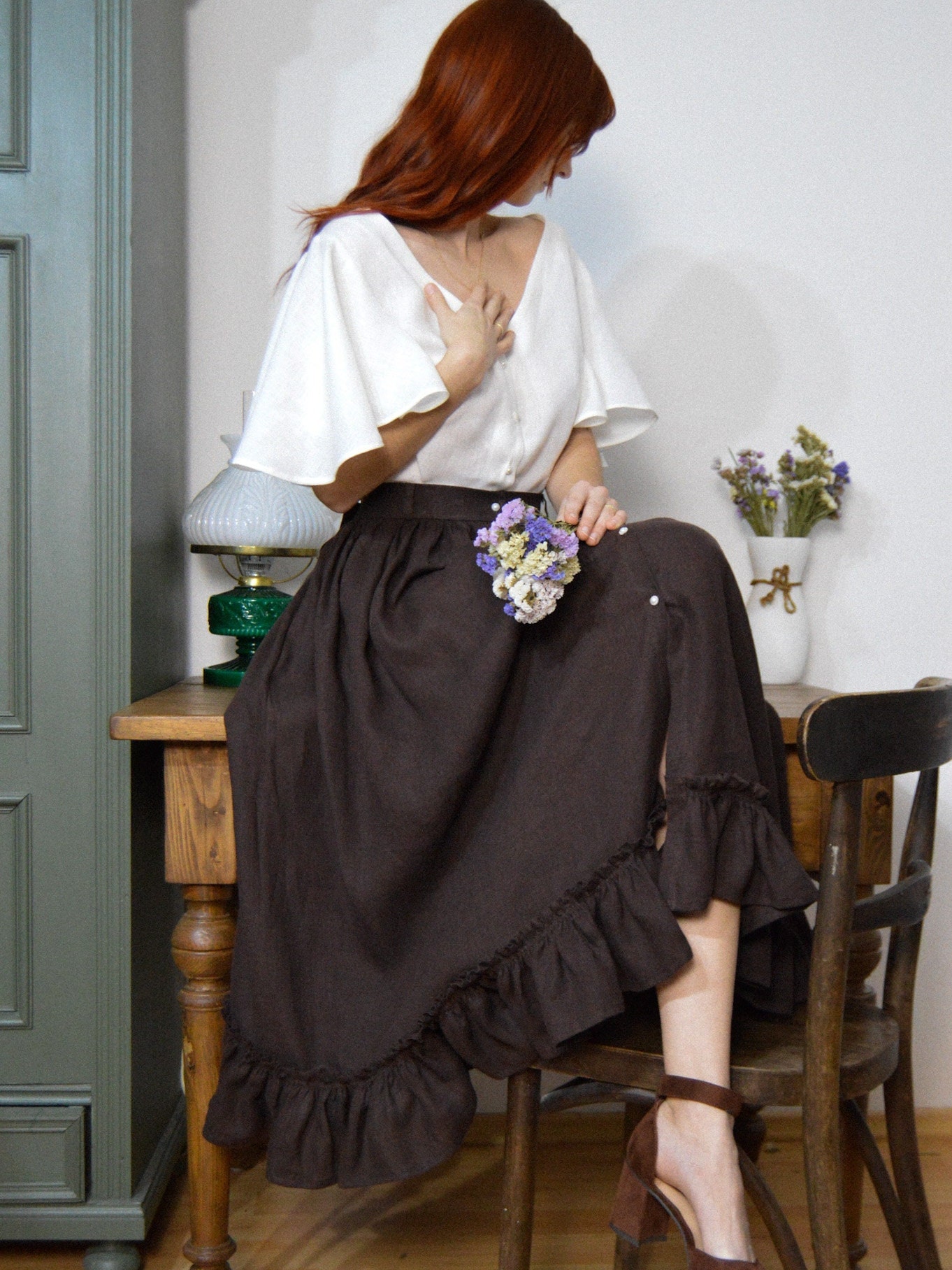 Linen Button Down Skirt With Ruffle, Linen Skirt With