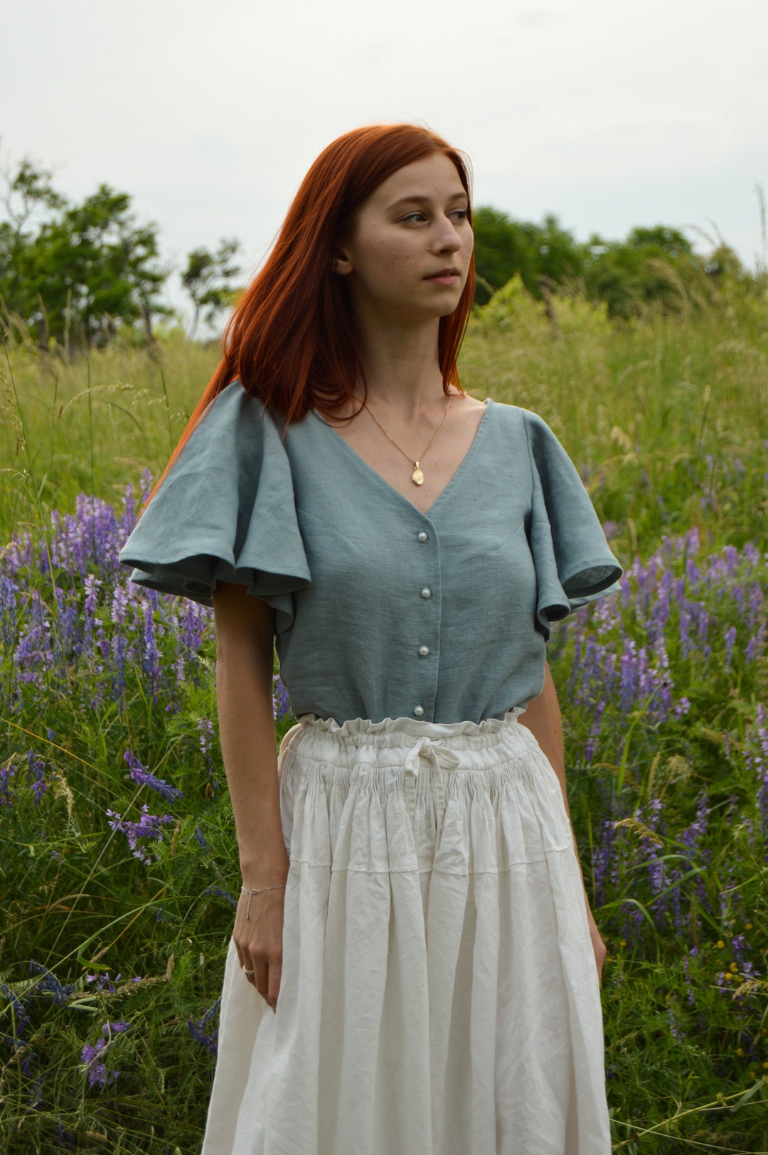 Wavlynn Linen Blouse With Pockets And Claudine Collar For Women In White Autumn Comfort
