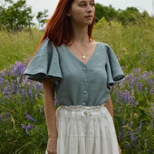 Linen blouse with butterfly sleeves, Women's linen v-neck Blouse, Button up 100% linen blouse, Cottagecore Clothes, Juliette blouse