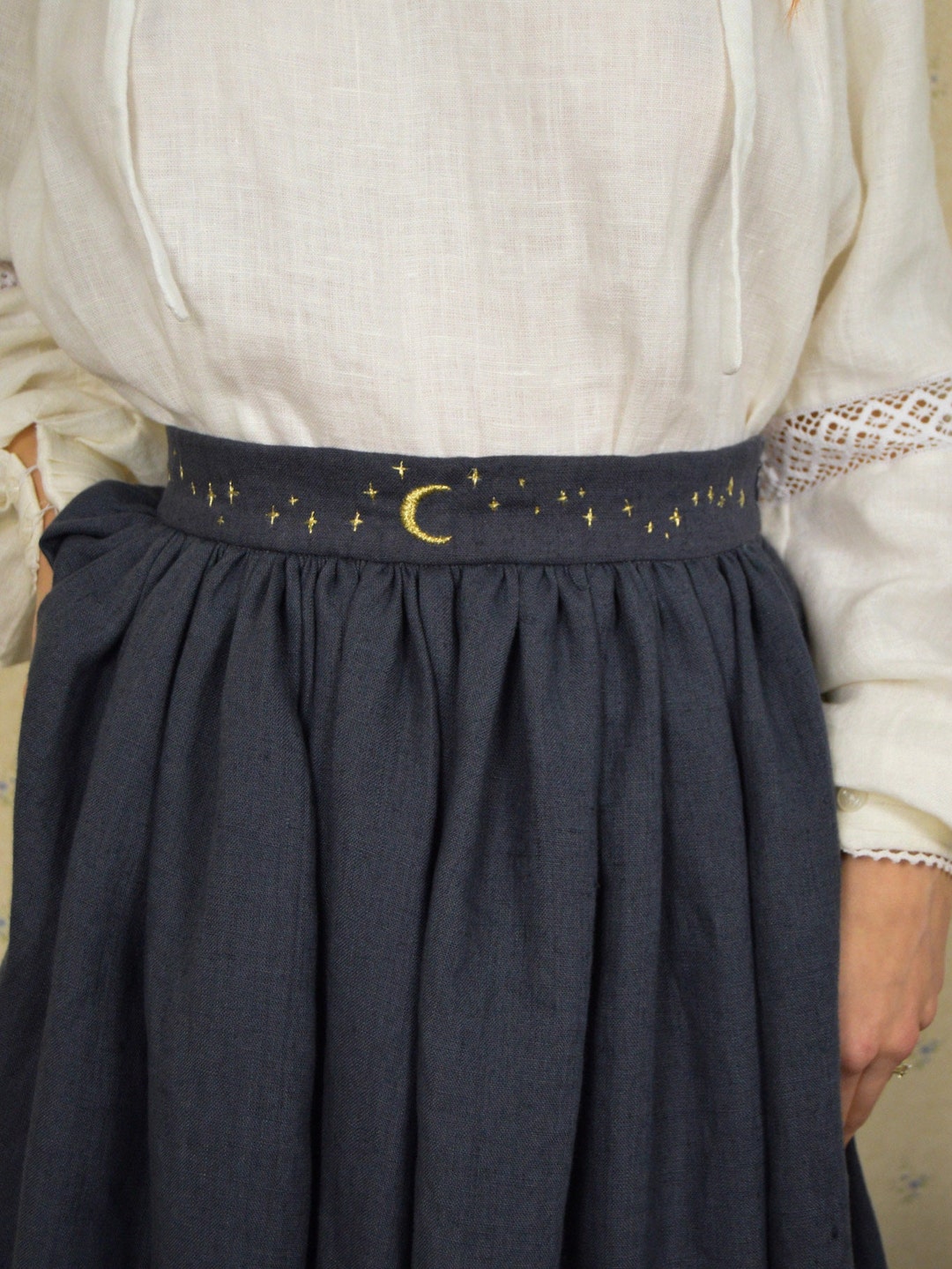 Women's Embroidered Linen Skirt Gathered Linen Skirt Etsy