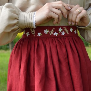 Women&#39;s embroidered linen skirt, custom made gathered linen skirt, long skirt, cottagecore skirt, renaissance skirt, Belle skirt