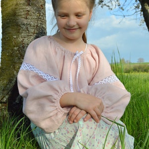 Girls Soft Linen Blouse, Long Balloon Sleeves Blouse for Kids, Lace Blouse, Cottagecore Clothes