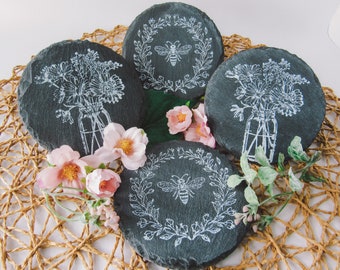 Flowers and Bees Stamped Slate Coasters - Set of 4 - Farmhouse, Rustic, Nature