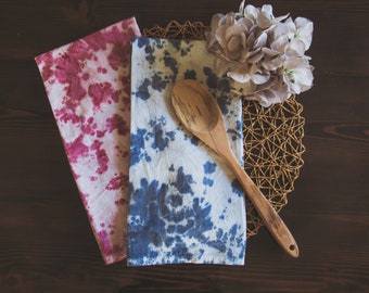 Tie Dye Organic Flour Sack Kitchen Tea Towels- SET OF 2- Wine and Denim