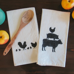 Asciugamani da cucina decorativi in cotone naturale con animali da fattoria-SET DI 2-Polli, maiali, mucche