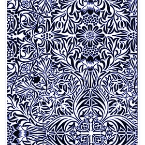 May include: A black and white repeating pattern of stylized flowers and leaves on a white background. The pattern is called "William Morris-Ceiling" and is a 3" x 4" clayprint pattern. The pattern is from Rolling Mill Resource and is labeled MC #C308.