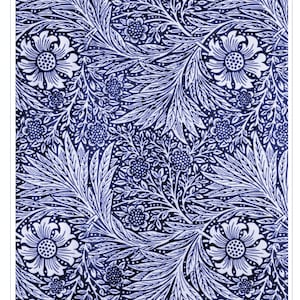 May include: A detailed pattern featuring a repeating floral design in white against a dark blue background. The design includes stylized flowers, leaves, and vines. The text at the bottom reads "Clayprint Pattern 'Wm. Morris - Marigold' MC" and measures 3" x 4".