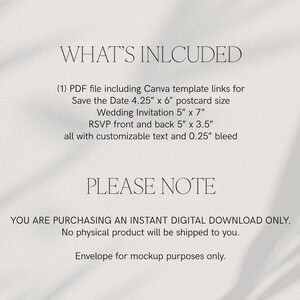 A minimalist information card detailing a digital wedding invitation set. The centered serif text on an off-white background lists included Canva template links for a Save the Date (4.25" x 6"), Wedding Invitation (5" x 7"), and RSVP card (5" x 3.5"), all with customizable text and a 0.25" bleed. A note states that this is a digital download only, with no physical product shipped, and the envelope shown is for mockup purposes.