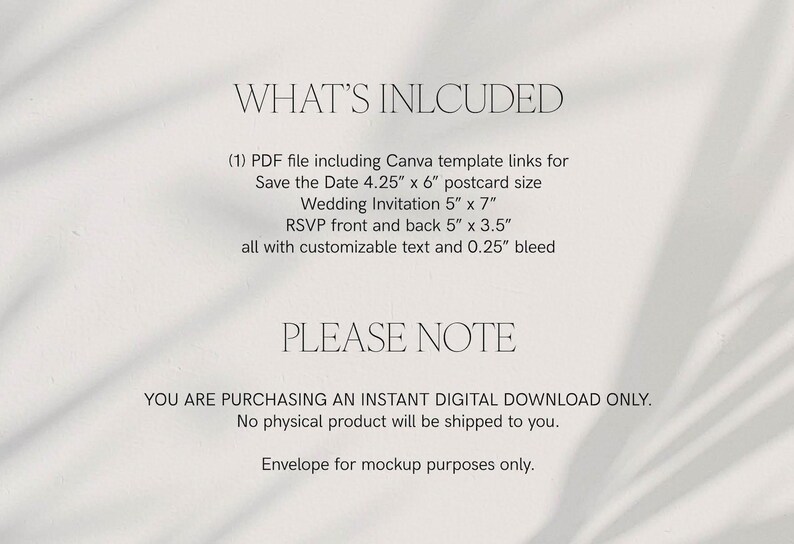 A minimalist information card detailing a digital wedding invitation set. The centered serif text on an off-white background lists included Canva template links for a Save the Date (4.25" x 6"), Wedding Invitation (5" x 7"), and RSVP card (5" x 3.5"), all with customizable text and a 0.25" bleed. A note states that this is a digital download only, with no physical product shipped, and the envelope shown is for mockup purposes.