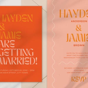 A set of wedding invitation cards with a bold and modern design. The left card is a bright orange 'Save the Date' card with gold and light pink text, announcing the wedding of Hayden and Jamie. The right card is a soft pink wedding invitation with orange text, featuring wavy line accents. Both cards use a stylish, artistic font and warm color tones.