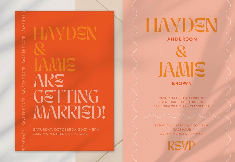 A set of wedding invitation cards with a bold and modern design. The left card is a bright orange 'Save the Date' card with gold and light pink text, announcing the wedding of Hayden and Jamie. The right card is a soft pink wedding invitation with orange text, featuring wavy line accents. Both cards use a stylish, artistic font and warm color tones.