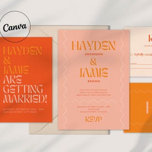 A set of modern wedding stationery featuring bold typography and warm, earthy tones. The set includes a 'Save the Date' card in a deep orange shade with gold and white text, a wedding invitation in soft pink with orange text