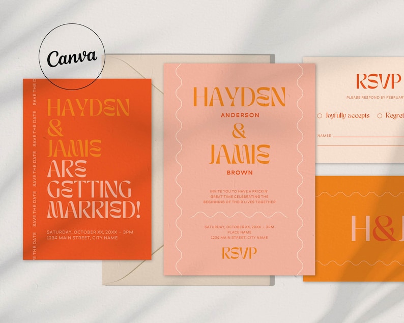 A set of modern wedding stationery featuring bold typography and warm, earthy tones. The set includes a 'Save the Date' card in a deep orange shade with gold and white text, a wedding invitation in soft pink with orange text