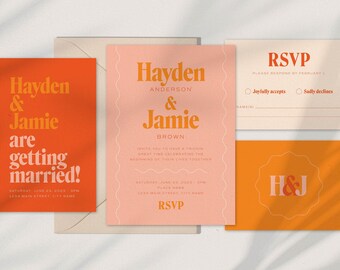 Plantilla de invitación de boda llamativa y colorida / Paquete de invitaciones personalizable (descarga digital)