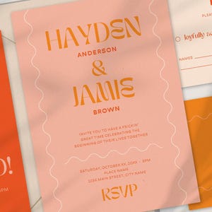 A set of wedding invitation stationery featuring a bold and modern design. The main invitation card is blush pink with warm orange text displaying names in a stylish font. It has wavy line accents on the sides. Other elements include a bright orange 'Save the Date' card with large, bold typography, an RSVP card, and a monogram card with 'H & J' in contrasting pink and orange. The color palette consists of warm tones, creating a contemporary and playful wedding aesthetic.