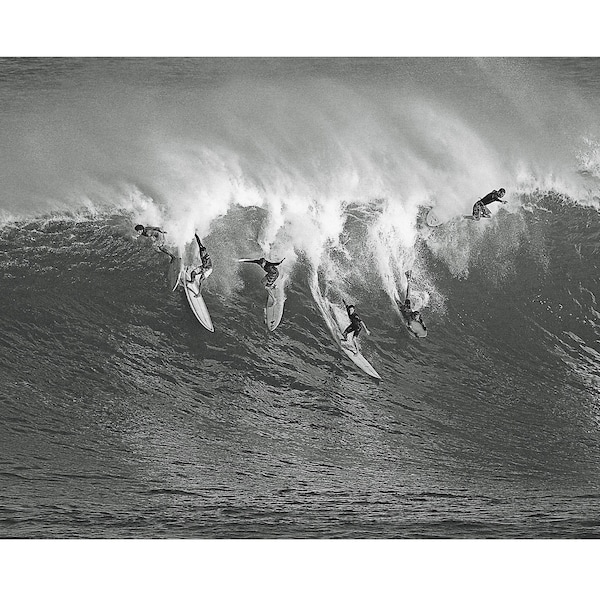 Digital Download Photograph of a Group of Surfers Catching a Big Wave at Waimea Bay in Hawaii.  Printable Vintage Surf Photo