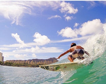 Photo of a Surfer Surfing in Waikiki, Hawaii.  Digital Printable Photograph Wall Art
